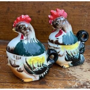 Rooster & Hen Chicken Salt Pepper/Sugar Creamer Folk Art Farmhouse  Japan
